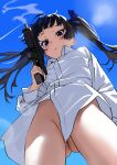  1girl absurdres ahoge ass_visible_through_thighs black_eyes black_hair blue_sky blurry bokeh bottomless closed_mouth collared_shirt convenient_censoring day depth_of_field from_below gun hair_ornament highres holding holding_gun holding_weapon long_hair looking_at_viewer no_panties original outdoors sadamoto_hokuto shirt sky smoke_trail solo thighs twintails weapon weapon_request white_shirt 