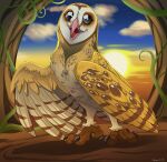  2018 ambiguous_gender avian barn_owl bird black_eyes brown_body brown_feathers cloud eglantine_(gogh) feathers feet female_(lore) feral guardians_of_ga&#039;hoole ignigeno open_mouth owl sky solo sun talons toes tyto tytonid white_body white_feathers 