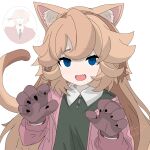  1girl animal_ears animal_hands blue_eyes cat_ears cat_girl cat_paws cat_tail collar fang green_shirt highres jacket miata_higashi non-web_source pink_jacket shirt tail wetspeaker white_collar 