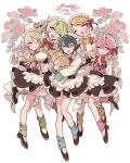  5girls :d absurdres apron bad_id bad_pixiv_id black_footwear black_skirt blonde_hair blue_eyes closed_eyes croissant ensemble_stars! food frilled_apron frills full_body genderswap genderswap_(mtf) green_eyes green_hair hair_between_eyes hair_ribbon hands_on_own_cheeks hands_on_own_face hands_up heart heart_hands heterochromia highres himemiya_tori holding holding_food kagehira_mika long_sleeves looking_at_viewer maid maid_headdress meremero multiple_girls one_eye_closed open_mouth pink_hair purple_eyes red_ribbon ribbon shiratori_aira_(ensemble_stars!) shirt shoes short_hair skirt smile standing tomoe_hiyori v white_apron white_shirt yellow_eyes yuuki_makoto_(ensemble_stars!) 