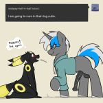  1:1 absurd_res animal_genitalia animal_penis anthro balls black_body blue_eyes brreo chuckling clothing duo eeveelution english_text equid equine equine_genitalia equine_penis eyewear feral generation_2_pokemon genitals glasses grey_body hasbro hi_res hoodie hooves horn horse imminent_sex looking_at_another male male/male mammal my_little_pony mythological_creature mythological_equine mythology nervous nervous_smile nintendo open_mouth penis pokemon pokemon_(species) pony red_eyes size_difference smile smirk speech_bubble tail text topwear tumblr_ask umbreon unicorn vipy 