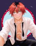  1boy absurdres closed_mouth dress_shirt drintrava hair_between_eyes highres looking_at_viewer male_focus muscular navel open_clothes red_hair shirt simple_background smile solo sousou_no_frieren stark_(sousou_no_frieren) 