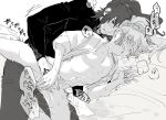  2boys anal archer_(fate/samurai_remnant) command_spell cum fate/samurai_remnant fate_(series) high_ponytail long_hair lying male_focus monochrome multiple_boys nipples no_pants nude okonomigrill on_bed on_side pants partially_undressed penis sex shirt sidelocks sweat yaoi zheng_chenggong_(fate) 