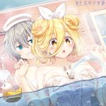  2girls bath blonde_hair blue_eyes breasts cleavage collarbone covered_nipples date_a_live double_bun grabbing grabbing_another&#039;s_breast grabbing_from_behind grin hair_bun highres honjou_nia hoshimiya_mukuro large_breasts multiple_girls open_mouth rubber_duck short_hair smile teeth towel towel_on_head tsubasaki water yellow_eyes 