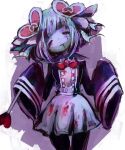  1girl black_pantyhose blood blood_from_mouth blood_on_clothes blood_on_face bow bowtie closed_eyes facing_viewer hair_ornament heart heart_hair_ornament heart_wand holding holding_wand karatou lolo_(mahou_shoujo_of_the_end) mahou_shoujo_of_the_end pantyhose red_bow red_bowtie shirt short_hair skirt sleeves_past_fingers sleeves_past_wrists solo very_long_sleeves wand zombie 