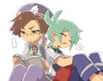  ... 2boys blue_hair book brown_hair closed_eyes drooling embarrassed glasses green_eyes hat karatou klug_(puyopuyo) leaning_on_person male_focus mouth_drool multiple_boys no_nose pants pocket_watch purple_hat purple_pants puyopuyo puyopuyo_fever shirt sig_(puyopuyo) sitting sketch sleeping sleeping_upright speech_bubble spoken_ellipsis spoken_zzz t-shirt watch wing_hat_ornament yaoi zzz 