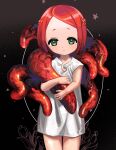  1girl absurdres black_background bug butterfly cowboy_shot dress expressionless flower forehead green_eyes half_up_braid highres holding_tentacle kinako_marumaru light_blush looking_at_viewer original popped_collar red_eyes red_hair short_dress short_eyebrows short_hair solo standing starry_background swept_bangs tentacles tulip white_dress 