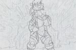  anthro big_breasts bottomwear bottomwear_down bra breasts butt_on_fire cleavage clothed clothing cybernetic_arm cybernetic_limb explosion female fire giraffe giraffid hand_on_butt lava luray_giraffe mammal navel panties partially_clothed shorts shorts_down solo traditional_media_(artwork) underwear virus-20 