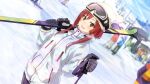  22/7 22/7_ongaku_no_jikan black_gloves blurry blush breath depth_of_field dutch_angle game_cg gloves goggles highres holding_ski_pole jacket lens_flare long_hair long_sleeves looking_at_viewer non-web_source official_art outdoors red_eyes red_hair sato_reika sidelocks ski_goggles ski_lift ski_pole skis smile snow solo_focus sparkle straight_hair sunlight teeth upper_body upper_teeth_only white_jacket 