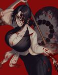  1girl 50x48x48 arm_up black_hair black_kimono bleach bleach:_sennen_kessen-hen blood blood_on_breasts blood_on_clothes blood_on_eyewear blood_on_face blood_on_hands blood_splatter braid braided_ponytail breasts brown_eyes cleavage commentary cowboy_shot dutch_angle floating_clothes floating_hair glasses hair_between_eyes haori highres holding holding_polearm holding_weapon huge_breasts japanese_clothes katori_batsuunsai kimono long_hair long_sleeves looking_at_viewer low_ponytail open_mouth polearm red_background round_eyewear sash simple_background solo twitter_username upturned_eyes very_long_hair weapon white_kimono white_sash wide_sleeves 