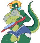  alligatorid anthro blonde_hair bottomwear bra clothing crocodilian female green_body green_nipples green_scales hair hi_res hotpants navel nipples open_mouth red_eyes reptile scales scalie sharp_teeth shorts skidd solo tail teeth toy toy_gun translucent translucent_clothing underwear water_gun wet 