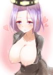  breasts heart heart-shaped_pupils kantai_collection large_breasts mechanical_halo nipples purple_eyes purple_hair shirt_tug smile solo symbol-shaped_pupils takorice tatsuta_(kantai_collection) 