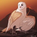  2017 ambiguous_gender avian barn_owl bird black_eyes brown_body brown_feathers coryn_(gogh) feathers feet feral guardians_of_ga&#039;hoole ignigeno lava male_(lore) orange_background owl scar simple_background solo talons toes tyto tytonid volcano white_body white_feathers 