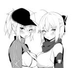  2girls absurdres ahoge arm_guards artoria_pendragon_(fate) bare_shoulders baseball_cap bikini black_bow blush bow breast_press breasts cleavage commentary_request danimaru fate/grand_order fate_(series) greyscale hair_between_eyes hair_bow hair_ribbon hat highres japanese_clothes kimono long_sleeves looking_at_viewer medium_breasts monochrome multiple_girls mysterious_heroine_xx_(fate) okita_souji_(fate) open_mouth ponytail ribbon scarf short_hair shrug_(clothing) sideboob sidelocks simple_background sleeveless sleeveless_kimono smile sweat swimsuit symmetrical_docking teeth translation_request upper_body upper_teeth_only white_background 