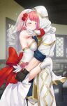  1boy 1girl absurdres boots breast_press breasts bridal_veil bride closed_eyes commission commissioner_upload couple dress fire_emblem fire_emblem_engage fire_emblem_heroes flower gloves gold_trim hairband hetero highres hood hood_up hooded_robe hug igni_tion indoors kiran_(fire_emblem) kiran_(male)_(fire_emblem) lapis_(fire_emblem) lapis_(mighty_bride)_(fire_emblem) leather leather_gloves leg_lock looking_at_viewer medium_breasts non-web_source official_alternate_costume red_flower red_rose robe rose sleeves_rolled_up standing_leg_lock thigh_boots two-tone_hairband veil wedding_dress white_hairband white_robe yellow_hairband 