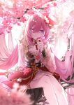  1girl bare_legs bell branch breasts buzheng61241 cherry_blossoms cleavage dress elysia_(herrscher_of_human:ego)_(honkai_impact) elysia_(honkai_impact) elysia_(peachy_spring)_(honkai_impact) flower hair_between_eyes hair_flower hair_ornament hand_on_own_chin highres honkai_(series) honkai_impact_3rd long_hair long_sleeves looking_at_viewer pink_eyes pink_hair pink_pupils puffy_sleeves red_dress sitting_on_branch solo very_long_hair 