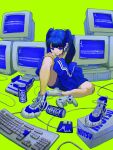  1girl bare_shoulders black_hair black_shorts blue_eyes blue_footwear blue_jacket blue_screen_of_death blue_theme blunt_bangs cable can closed_mouth computer crt double_vertical_stripe drink_can energy_drink famicom fanged_bangs floppy_disk full_body game_console gamecube_controller green_background hands_on_own_knee highres jacket kagenoyuhi keyboard_(computer) knee_up long_hair long_sleeves looking_at_viewer monitor off_shoulder original own_hands_together revision shoe_box shoelaces shoes short_shorts shorts simple_background single_shoe sitting sneakers soda_can solo twintails 