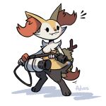 1:1 2024 advos ambiguous_gender anthro artist_name black_eyes black_legs braixen canid canine cel_shading colored digital_media_(artwork) dipstick_tail eyelashes flamethrower generation_6_pokemon holding_object holding_weapon mammal markings motion_lines nintendo pokemon pokemon_(species) pyro_(team_fortress_2) ranged_weapon red_ear_fluff red_nose red_tail_tip shaded simple_background smile snaggle_tooth solo stick stick_in_tail tail tail_markings team_fortress_2 valve weapon white_background white_face yellow_body yellow_ears yellow_inner_ear yellow_tail