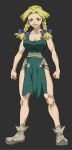  blonde_hair braid dr._stone dress feather_trim green_dress green_eyes hanada_nikki muscular muscular_female narrow_waist non-web_source parted_bangs pelvic_curtain smile thick_lips twin_braids 