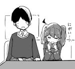  1boy 1girl greyscale highres japanese_clothes kantai_collection kariginu kodachi_(kuroyuri_shoukougun) long_hair magatama monochrome ryuujou_(kancolle) sitting tekoki_karaoke translation_request twintails 