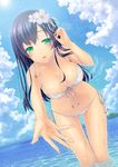  adjusting_hair bikini blush breasts cleavage day dripping flower green_eyes hair_flower hair_ornament hand_in_hair ichimatsu_nana large_breasts long_hair looking_at_viewer ocean original outstretched_arm outstretched_hand purple_hair smile solo swimsuit thigh_gap water wet white_bikini 