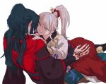  2boys archer_(fate/samurai_remnant) arm_guards black_hanfu blush chinese_clothes chinese_hairpin command_spell fate/samurai_remnant fate_(series) green_hair grey_hair hair_ornament hand_on_another&#039;s_shoulder hanfu high_ponytail long_hair male_focus multicolored_hair multiple_boys okonomigrill ponytail red_hanfu red_robe robe sidelocks straddling streaked_hair tassel white_hair white_hanfu xiao_guan_(headdress) yaoi yellow_eyes zheng_chenggong_(fate) 