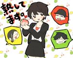  3boys =_= ^_^ anger_vein bad_id bad_pixiv_id black_eyes black_hair cherry closed_eyes earrings food fruit hat heart jewelry kamen_rider kamen_rider_gaim_(series) kureshima_takatora lemon lock_dealer_sid melon minato_youko multiple_boys niwashigu_(mmttmm) open_mouth peach pencil_skirt sengoku_ryouma short_hair skirt smile 