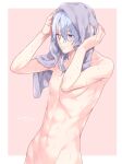  1boy blue_hair blush genshin_impact hair_between_eyes highres holding kamisato_ayato long_hair male_focus mole muscular muscular_male navel nipples nude one_eye_closed purple_eyes smile soranomonooki stomach towel towel_on_head 