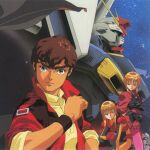  1990s_(style) 1boy 2girls beam_cannon bodysuit brown_hair cover dress elpeo_puru english_commentary green_eyes gundam gundam_zz highres jacket judau_ashta kitazume_hiroyuki kneeling looking_at_another looking_at_viewer mecha mobile_suit multiple_girls muzzle orange_hair pilot_suit puru_two retro_artstyle robot scan science_fiction serious starry_background traditional_media upper_body v-fin wristband zz_gundam 