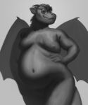  2023 anthro back_wings bedroom_eyes belly big_belly chubby-shark clawed_fingers digital_media_(artwork) digital_painting_(artwork) dragon eyewear featureless_crotch glasses grey_background greyscale hair half-closed_eyes hand_on_hip looking_at_viewer male monochrome moobs mouth_closed mythological_creature mythological_scalie mythology narrowed_eyes navel nipples nude overweight overweight_anthro overweight_male portrait rectangular_glasses scalie seductive shaded simple_background snout soft_shading solo standing tail tecwyn thick_thighs three-quarter_portrait three-quarter_view wavy_mouth wide_hips wings 