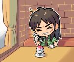  &gt;_&lt; 1boy black_hair booth_seating brain_freeze brick_wall chibi chibi_only closed_eyes curtains food gloves green_shirt grimace holding holding_spoon itou_kaiji kaiji lightning_bolt_symbol male_focus messy_hair no_nose numae_kaeru plaid plaid_shirt shaved_ice shirt spoon sweatdrop white_gloves 