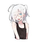  1girl ahoge azuma_shino black_tank_top blue_eyes blush collarbone commentary fang flat_chest hair_over_one_eye nowareno_(azuma_shino) open_mouth original pointy_ears short_hair tank_top white_background white_hair 