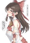  1girl absurdres ascot bare_shoulders blush bow breasts breath brown_hair chest_sarashi commentary frilled_bow frilled_hair_tubes frills from_side grabbing_own_arm hair_bow hair_tubes hakurei_reimu highres long_hair looking_down medium_breasts midriff_sarashi nontraditional_miko open_mouth red_bow red_eyes sarashi simple_background solo sweatdrop torn_clothes touhou translated upper_body white_background yellow_ascot youmu-kun 