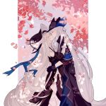  2girls absurdres ampheta arknights black_dress black_gloves closed_eyes dress gloves highres kiss long_hair multiple_girls pointy_hat skadi_(arknights) specter_(arknights) very_long_hair white_hair yuri 