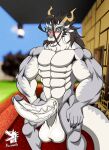  anthro balls big_penis dragon floor fuxi_(tas) genitals hi_res horn lifewonders male muscular mythological_creature mythological_scalie mythology nazuranoke penis plant scalie sky solo tokyo_afterschool_summoners tree watermark wood wood_floor 