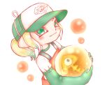  baseball_cap bleochrsym-tsuqmo blonde_hair blush egg gloves golden_egg green_eyes green_gloves hat highres holding holding_egg multicolored_hair octoling_girl octoling_player_character orange_overalls overalls ponytail salmon_run_(splatoon) shirt splatoon_(series) tentacle_hair white_shirt 