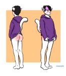  anthro barefoot black_hair black_nose blush bottomless bottomless_male butt butt_slap chesterpill clothed clothing covering covering_crotch covering_self digital_media_(artwork) embarrassed eyes_closed feet front_and_back hair hi_res hoodie humiliation male multiple_angles pink_hair simple_coloring slap solo spank_marks spanking topwear white_body 