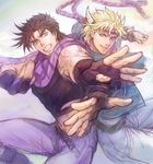  bad_id bad_pixiv_id blonde_hair blue_eyes brown_hair caesar_anthonio_zeppeli facial_mark fingerless_gloves gloves green_eyes headband jacket jojo_no_kimyou_na_bouken joseph_joestar_(young) midriff multiple_boys scarf shinomaru 