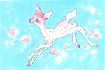  animal animal_focus blue_background blue_sclera colored_sclera deer fawn fleebites light marker_(medium) no_humans original pastel_colors pink_eyes pink_fur simple_background traditional_media white_eyelashes white_fur 