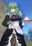  1girl alternate_costume apron black_dress blush breasts brown_thighhighs byleth_(female)_(fire_emblem) byleth_(fire_emblem) closed_mouth commentary cup dress english_commentary enlightened_byleth_(female) fire_emblem fire_emblem:_three_houses green_eyes green_hair hair_between_eyes highres holding holding_tray juliet_sleeves knife lips long_hair long_sleeves looking_at_viewer maid maid_headdress medium_breasts nefery_san outdoors pink_lips puffy_sleeves skirt_hold smile solo teacup teapot thighhighs tray waist_apron weapon white_apron 