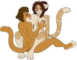 alpha_channel anthro big_breasts black_nose bodily_fluids breast_grab breastfeeding breasts brown_hair duo eyes_closed felid female fur hair hand_on_breast hi_res lactating male male/female mammal nipples nude orange_body orange_fur pink_nose sex simple_background skidd striped_body striped_fur stripes tail tan_body tan_fur transparent_background 