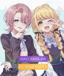  2girls ;d absurdres arimura_mao asymmetrical_bangs black_jacket blazer blonde_hair blue_bow blue_bowtie blue_overskirt blue_ribbon blue_skirt bow bowtie braid character_name commentary_request english_text fang fujita_kotone gakuen_idolmaster go_(roku) hatsuboshi_gakuen_school_uniform heart highres idolmaster jacket long_hair looking_at_viewer multiple_girls neck_ribbon one_eye_closed pink_hair plaid plaid_bow plaid_bowtie purple_eyes ribbon school_uniform shirt short_hair skirt smile sparkle twin_braids twitter_username upper_body v v_over_eye white_shirt yellow_eyes 