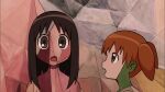  2girls abstract_background azumanga_daioh black_hair brown_hair crossover dot_nose facepaint kasuga_ayumu long_hair looking_at_another looking_at_viewer mihama_chiyo mit4a multiple_girls music open_mouth orange_hair parody short_twintails singing somebody_that_i_used_to_know twintails 