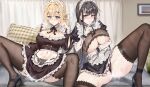  2girls absurdres black_hair blonde_hair breasts fang_qiao highres maid multiple_girls on_bed original panties panty_&amp;_stocking_with_garterbelt pantyhose sweat underwear 