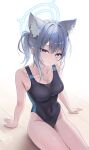  1girl absurdres animal_ear_fluff animal_ears arm_support bare_shoulders black_one-piece_swimsuit blue_archive blue_eyes blue_halo blush breasts cleavage closed_mouth clothing_cutout collarbone covered_navel extra_ears grey_hair hair_ornament halo hashtag-only_commentary highres light_smile looking_at_viewer medium_breasts mismatched_pupils multicolored_clothes multicolored_swimsuit official_alternate_costume official_alternate_hairstyle one-piece_swimsuit ponytail rable shiroko_(blue_archive) shiroko_(swimsuit)_(blue_archive) short_ponytail simple_background sitting smile solo swimsuit thighs white_background wolf_ears wolf_girl 