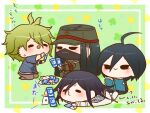  4boys :&gt; ace_(playing_card) ace_of_hearts ace_of_spades ahoge amami_rantaro antenna_hair arm_belt armband arrow_(symbol) bandaged_arm bandages belt belt_buckle black_eyes black_footwear black_hair black_jacket black_mask black_pants black_scarf blue_shirt book border bow brown_pants buckle card card_game chain chain_necklace checkered_clothes checkered_scarf chibi closed_mouth collared_jacket colored_tips commentary_request covered_mouth danganronpa_(series) danganronpa_v3:_killing_harmony ear_piercing earrings eyelashes gakuran green_bow green_hair green_jacket green_pants hair_between_eyes hat heart high_collar holding holding_book holding_card jacket jewelry layered_sleeves light_blush long_hair long_sleeves lying male_focus mask monokuma mouth_mask multicolored_hair multiple_belts multiple_boys multiple_bracelets multiple_piercings necklace o3o oma_kokichi on_stomach open_belt open_book open_mouth pale_skin pants patterned_background peaked_cap pendant piercing pinstripe_jacket pinstripe_pattern playing_card playing_games purple_hair reading red_armband saihara_shuichi scarf school_uniform seiza shinguji_korekiyo shirt shoes short_hair simple_background sitting smile solid_oval_eyes spade_(shape) straight_hair striped_clothes striped_shirt stud_earrings thigh_belt thigh_strap translation_request two-tone_scarf unmoving_pattern v-shaped_eyebrows very_long_hair white_belt white_border white_jacket white_scarf white_undershirt yumaru_(marumarumaru) zipper zipper_pull_tab 