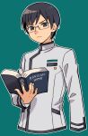  1boy black_eyes black_hair book closed_mouth cropped_torso fingernails frown glasses green_background holding holding_book jacket kakizaki_shou long_sleeves looking_at_viewer male_focus numae_kaeru onegai_my_melody sanrio short_hair simple_background solo white_jacket 