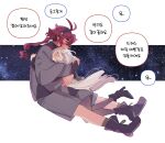  2girls asticassia_school_uniform black_footwear black_hairband black_pantyhose blush boots commentary_request crying ear_blush full_body grey_jacket grey_shorts gundam gundam_suisei_no_majo hairband high_heel_boots high_heels highres hug jacket korean_commentary korean_text long_hair long_sleeves midair miorine_rembran multiple_girls myong8_0 open_mouth pantyhose ponytail red_hair school_uniform shorts sky speech_bubble star_(sky) starry_sky suletta_mercury tears translation_request white_background white_hair yuri 