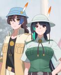  1boy 1girl absurdres aged_up belt black_hair breast_pocket breasts brown_hair bucket_hat captain_(kemono_friends) green_hair hat hat_feather helmet highres jacket japari_symbol kawanami_eito kemono_friends kemono_friends_3 large_breasts looking_at_viewer low_ponytail multicolored_hair orange_eyes pith_helmet pocket red_eyes safari_jacket shirt short_sleeves undershirt 