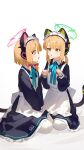  2girls :o absurdres alternate_costume animal_ear_headphones animal_ears apron black_dress blue_archive bow cat_tail dress eco_376124 enmaided fake_animal_ears fake_tail green_bow green_halo hair_bow hair_ornament halo headphones highres long_sleeves looking_at_another maid maid_apron maid_headdress midori_(blue_archive) midori_(maid)_(blue_archive) momoi_(blue_archive) momoi_(maid)_(blue_archive) multiple_girls official_alternate_costume open_mouth pantyhose paw_pose pink_bow pink_eyes pink_halo puffy_long_sleeves puffy_sleeves short_hair short_ponytail siblings simple_background sisters sitting tail twins waist_apron white_background white_headdress white_pantyhose 